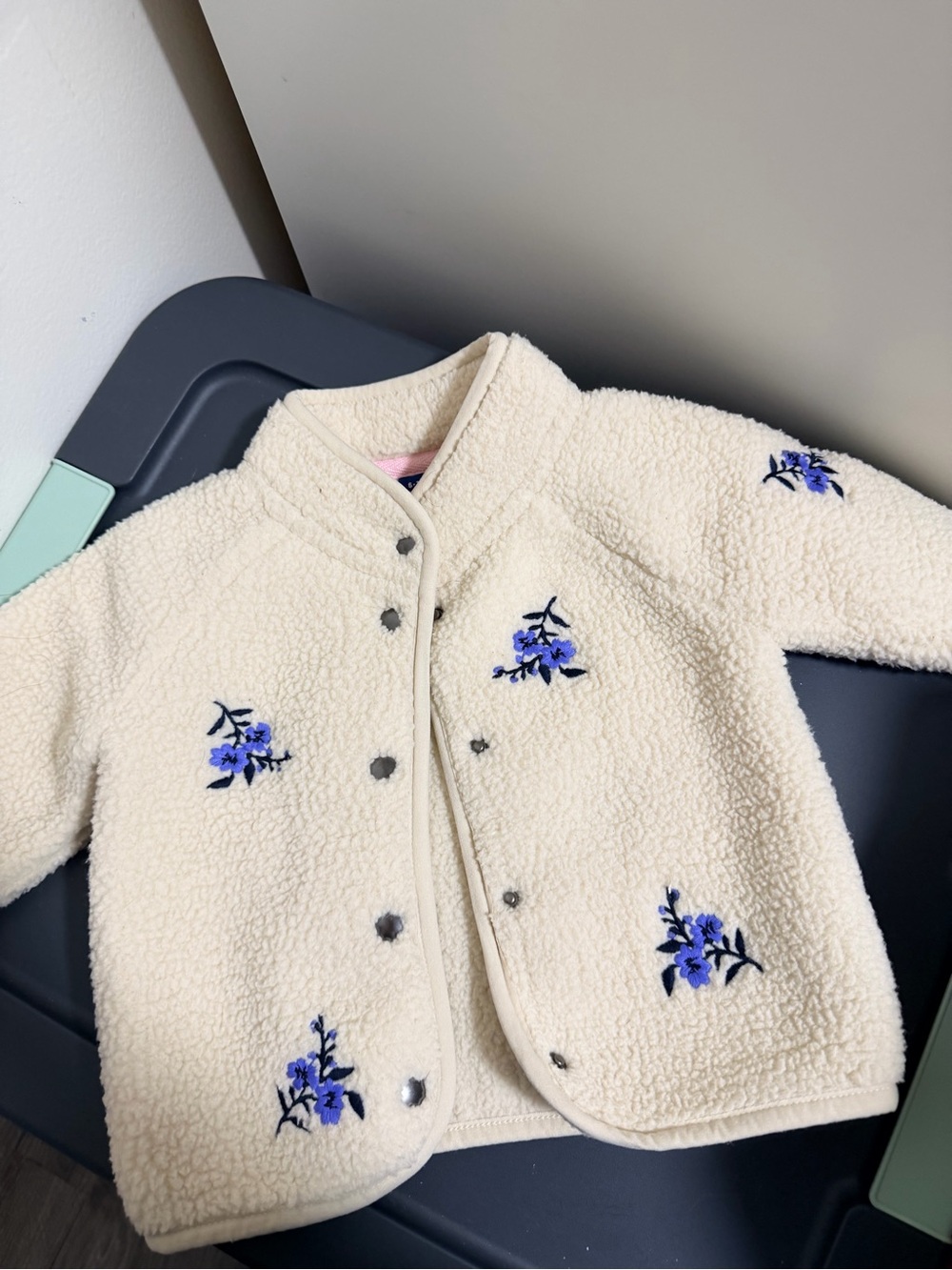 Old Navy Cream Sherpa Jacket with Blue Floral Embroidery
